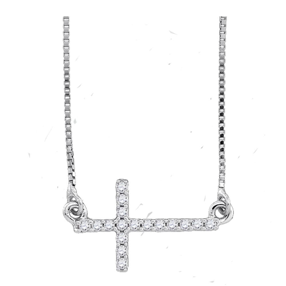 Small Sideways Cross Necklace in Sterling Silver with Diamonds 1/10 Cttw