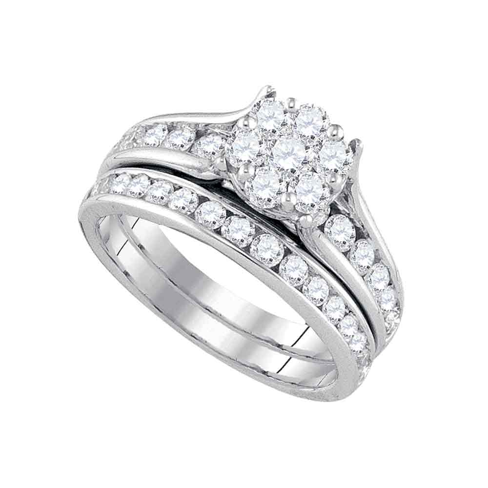 14kt White Gold Womens Round Diamond Flower Cluster Bridal Wedding Engagement Ring Band Set 1-1/2 Cttw
