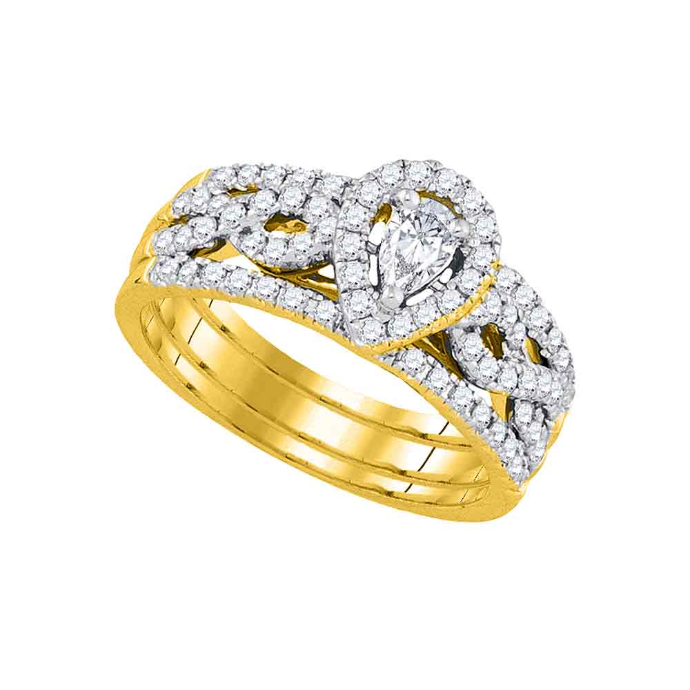 14kt Yellow Gold Womens Pear Diamond 3-Piece Bridal Wedding Engagement Ring Band Set 7/8 Cttw