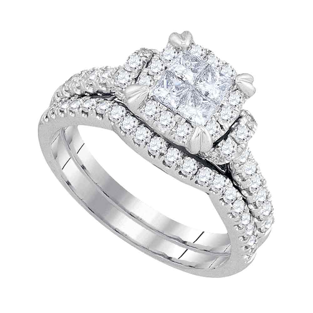 14kt White Gold Womens Princess Diamond Bridal Wedding Engagement Ring Band Set 1-1/4 Cttw