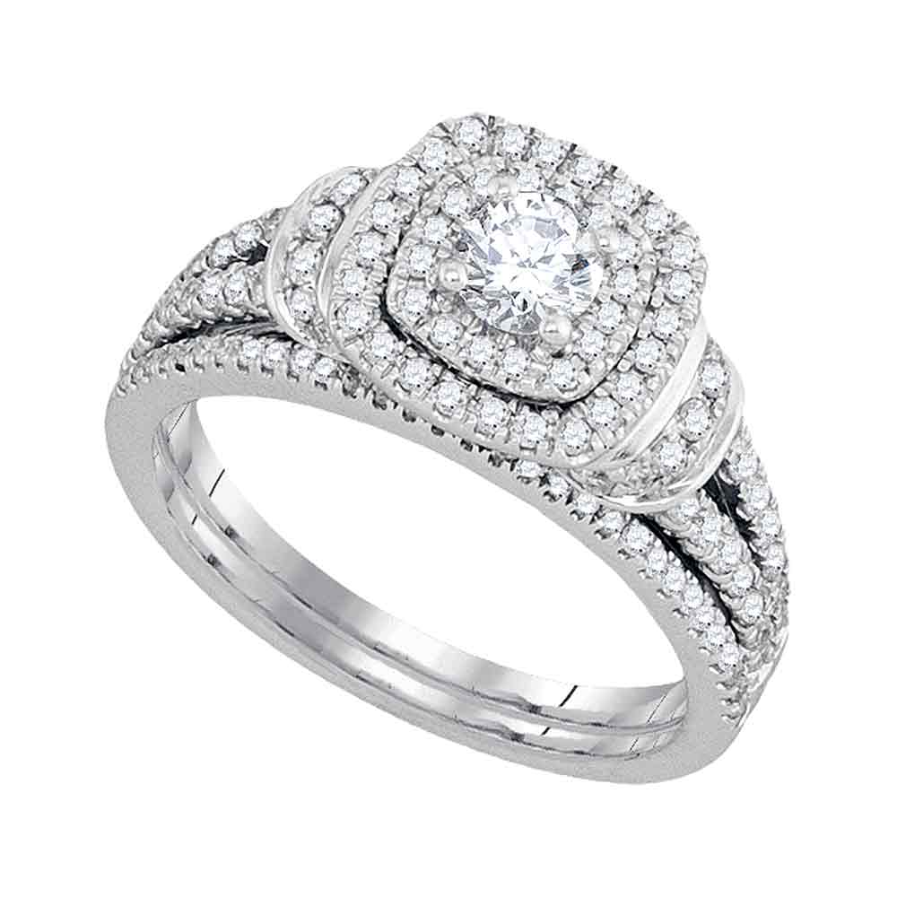 14kt White Gold Womens Diamond Round Double Halo Bridal Wedding Engagement Ring Band Set 1 Cttw