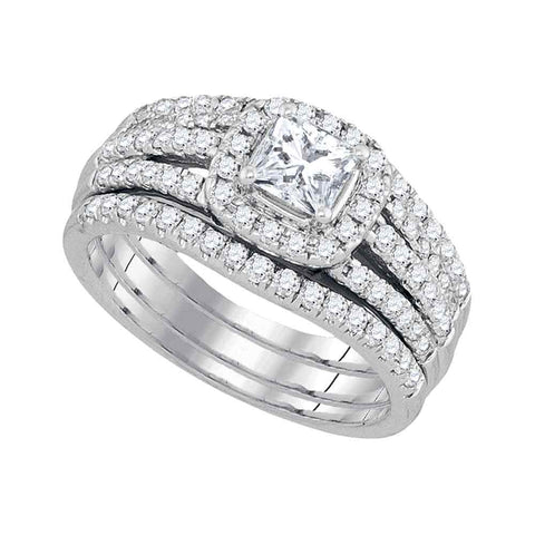 14kt White Gold Womens Princess Diamond Bridal Wedding Engagement Ring Band Set 1-1/4 Cttw