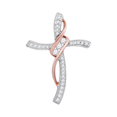 White Gold Cross Pendant for Women with Rose Gold Tassel, Diamond Studded 1/5 Cttw