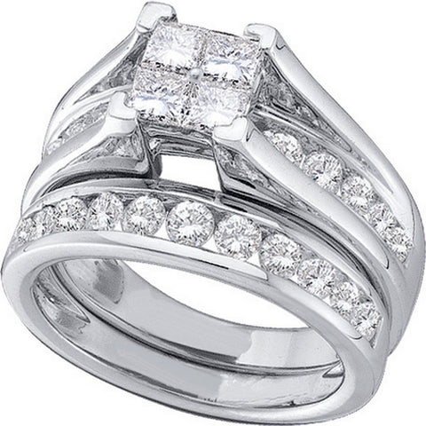 14kt White Gold Womens Princess Diamond Bridal Wedding Engagement Ring Band Set 1-1/2 Cttw