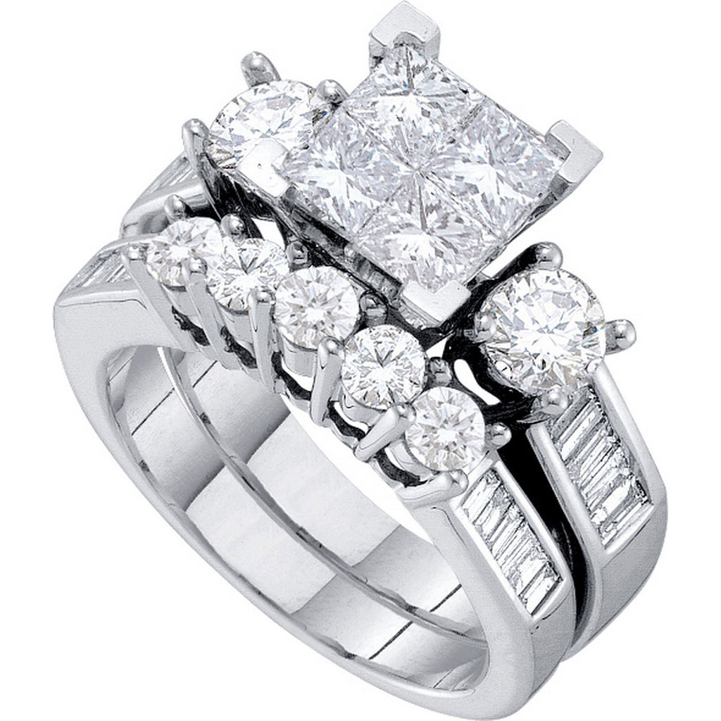 14kt White Gold Womens Princess Diamond Cluster Bridal Wedding Engagement Ring Band Set 2.00 Cttw