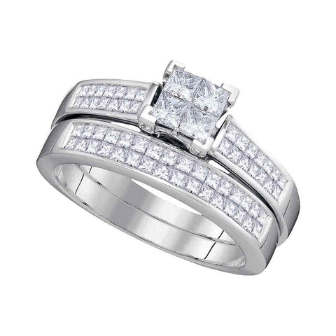 14kt White Gold Womens Princess Diamond Cluster Bridal Wedding Engagement Ring Band Set 1.00 Cttw