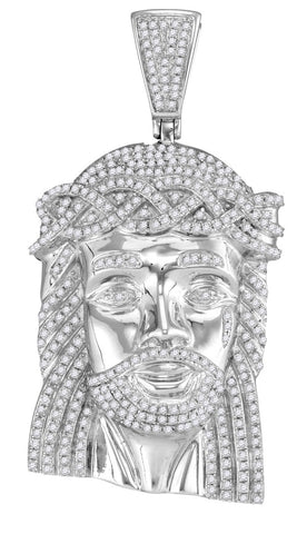 10K White Gold Jesus Christ Head Pendant for Men with Diamonds, 1-5/8 Cttw