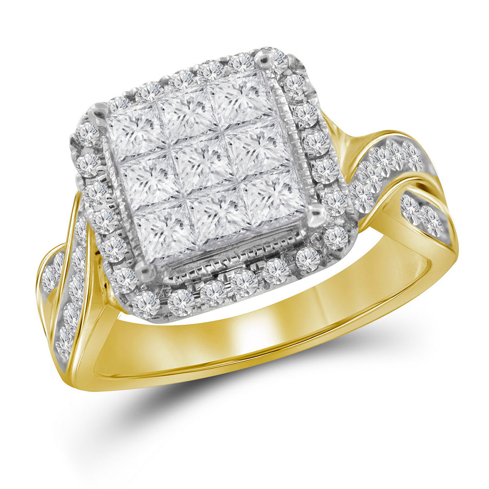 14kt Yellow Gold Womens Princess Diamond Cluster Bridal Wedding Engagement Ring 1-5/8 Cttw