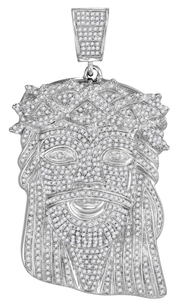 Iced Out Jesus Head Pendant, 10K White Gold with Real Diamonds 3-3/4 Cttw