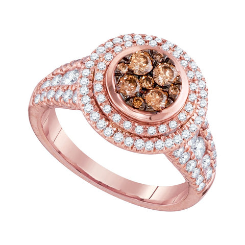 14kt Rose Gold Womens Round Cognac-brown Color Enhanced Diamond Cluster Bridal Wedding Engagement Ring 1-1/2 Cttw