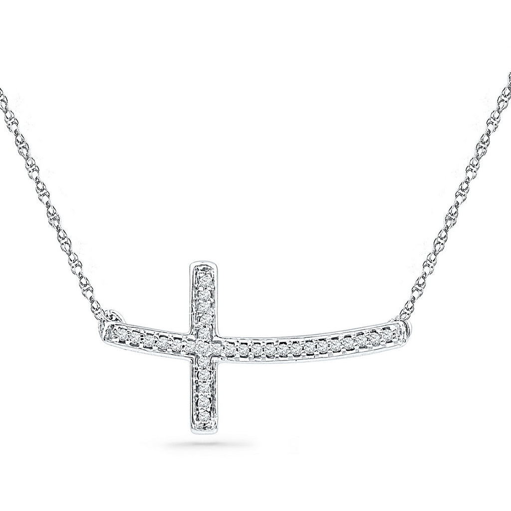 Sterling Silver Sideways Cross Necklace with Diamonds 1/10 Cttw