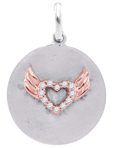 Sterling Silver Womens Round Diamond Angel Wings Heart Medallion Pendant 1/20 Cttw