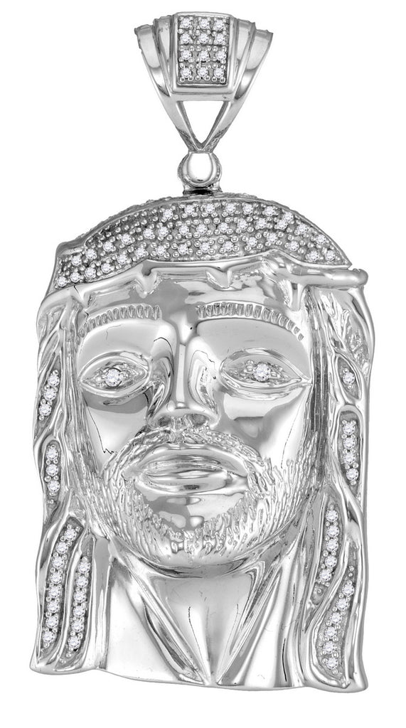 White Gold Jesus Face Pendant with Diamonds, Religious Theme, 10K 3/8 Cttw