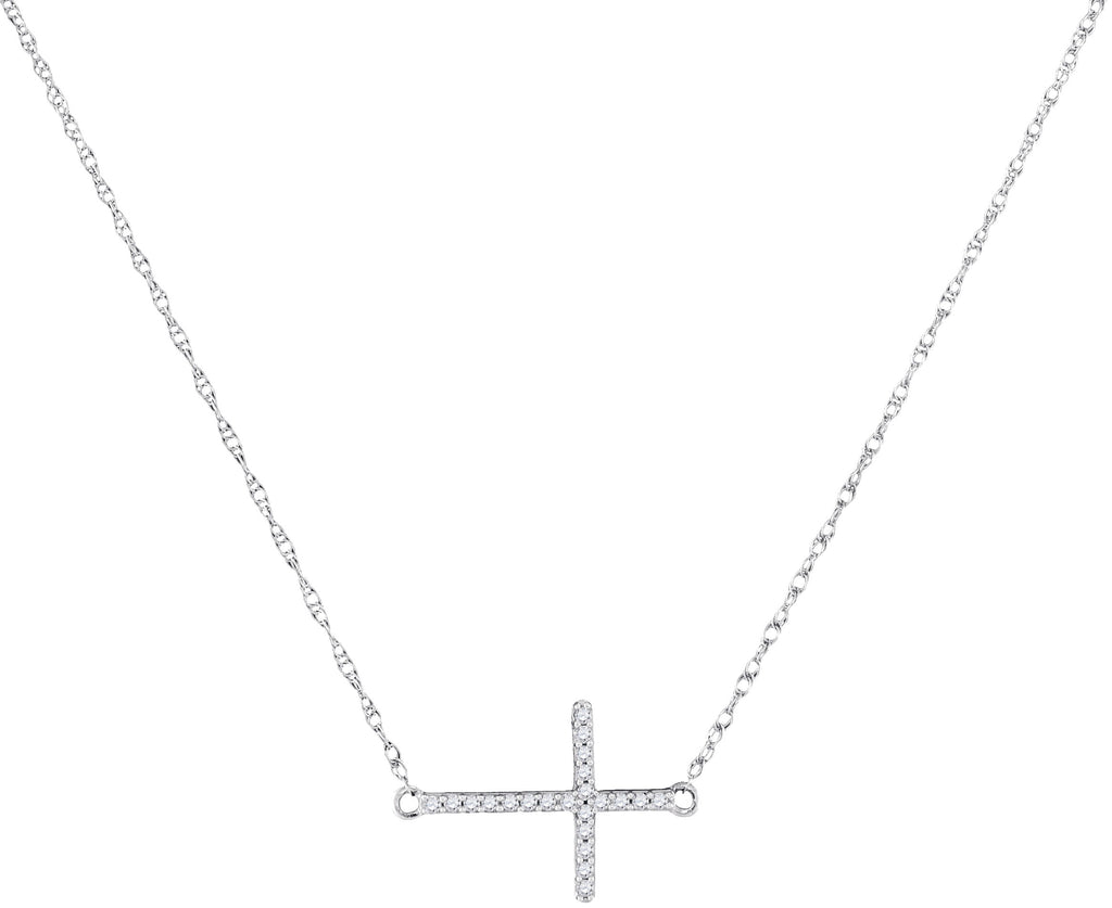 Sideways Cross Necklace White Gold 10K with Diamonds 1/20 Cttw