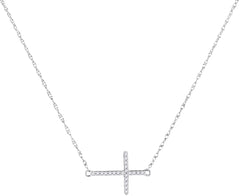 Sideways Cross Necklace White Gold 10K with Diamonds 1/20 Cttw