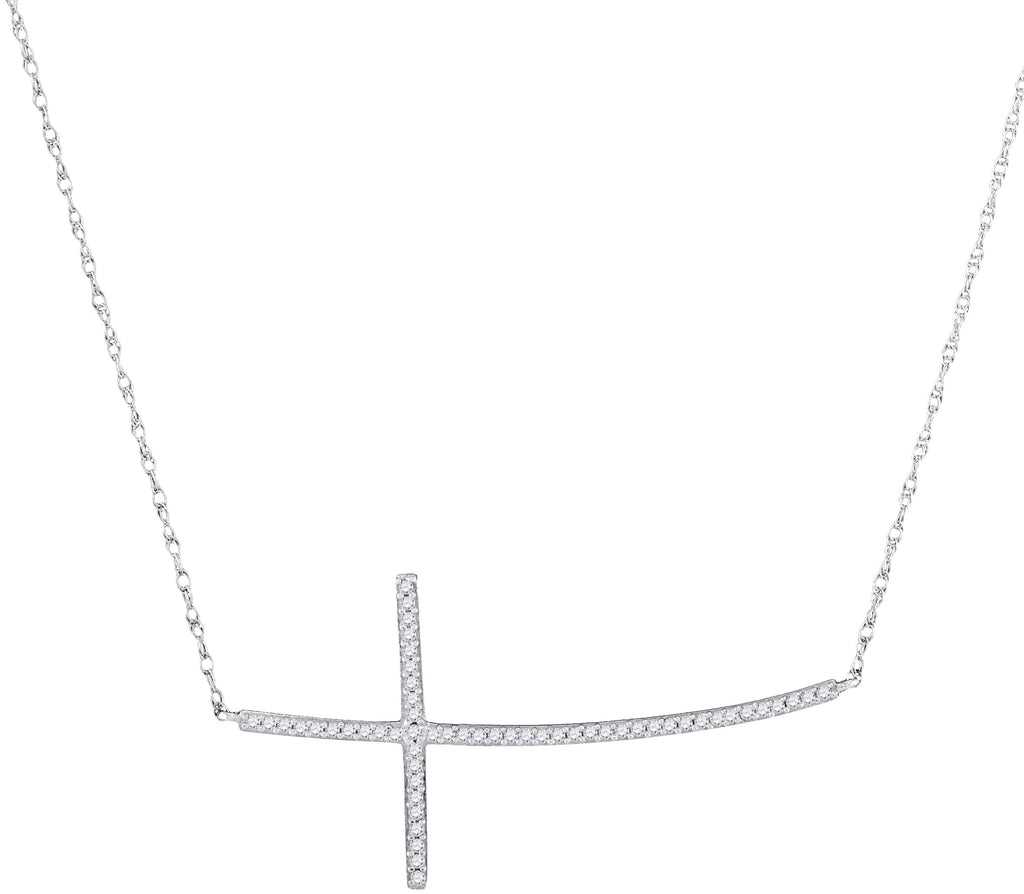 10Kt White Gold Horizontal Cross Necklace with Diamond Stones 1/6 Cttw