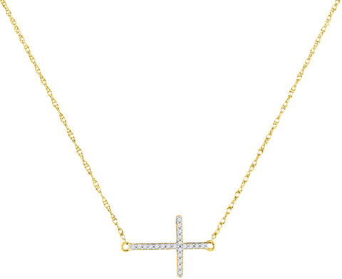 Gold Horizontal Cross Necklace with Diamond Stones, Christian Theme, 1/20 Cttw