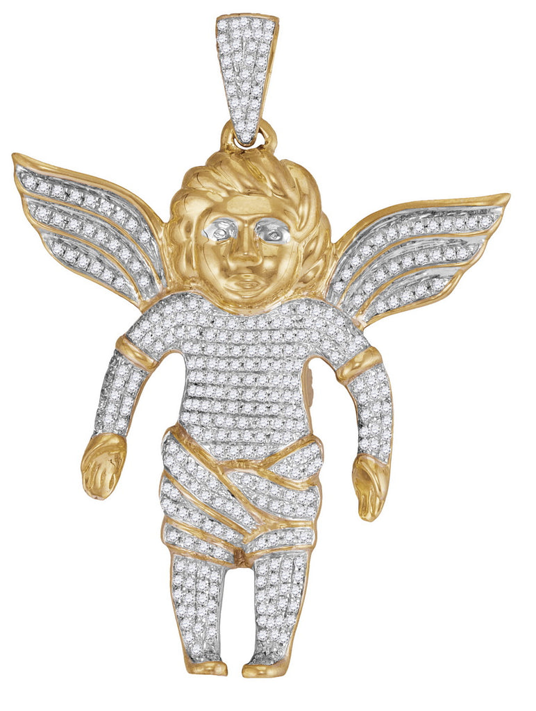 10kt Yellow Gold Mens Round Diamond Guardian Angel Charm Pendant 7/8 Cttw