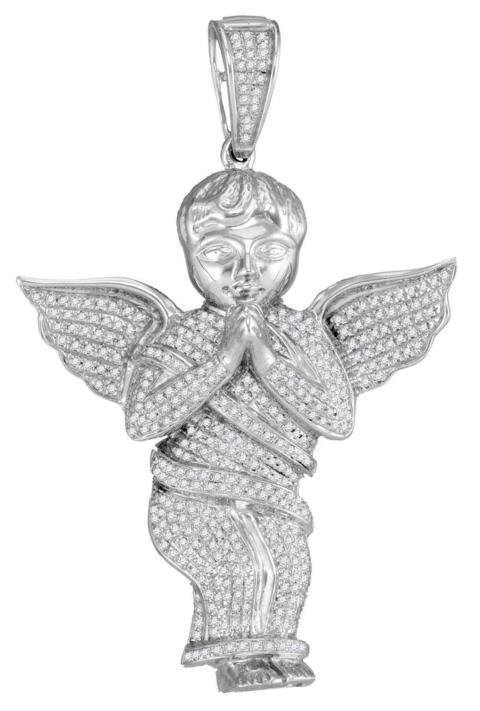 10kt White Gold Mens Praying Angel Pendant with Diamonds 1.00 Cttw