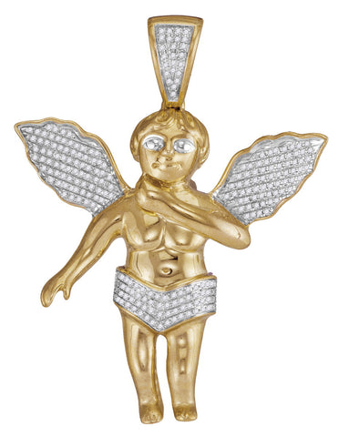 10k Yellow Gold Diamond Mens Polished 3D Guardian Angel Cherub Large 2.2" Charm Pendant 1/2 Cttw