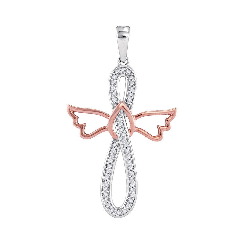 Infinity Cross Angel Pendant, Two Tone White & Rose Gold, Christian Design 1/6 Cttw