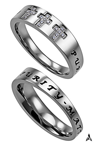 PURITY RING for Teenage Girl Christian Trinity Cross, Engraved Bible Verse with CZ Stones