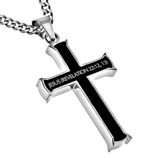 Revelation 22:12,13 Black Cross Necklace ALPHA OMEGA Bible Verse, Stainless Steel Thick Chain