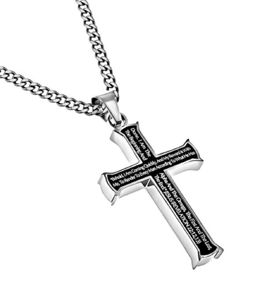 Revelation 22:12,13 Black Cross Necklace ALPHA OMEGA Bible Verse ...