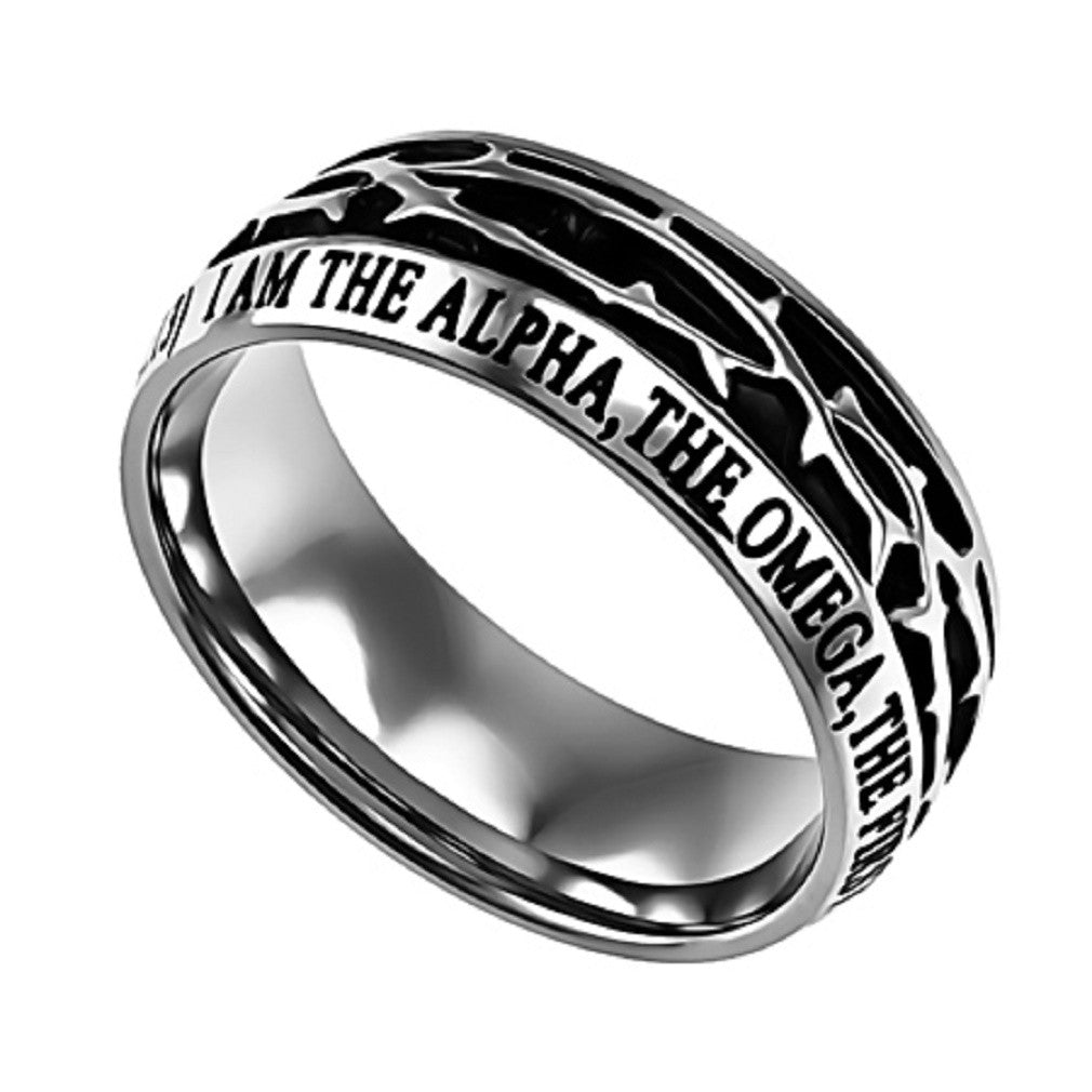 ALPHA AND OMEGA Revelation 22:13 Men's Crown Of Thorns Ring, Stainless Steel