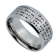 EPHESIANS 2:8,9 Cross Ring for Men, Engraved Bible Verse, Stainless Steel