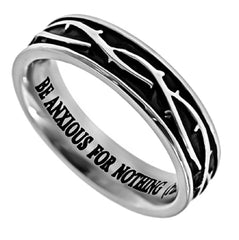 Crown Of Thorns Anxious For Nothing Ring, Stainless Steel, Christian Bible Verse