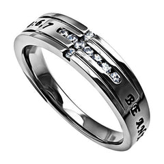 ANXIOUS FOR NOTHING Promise Ring, Bible Verse with CZ Cross, Stainless Steel