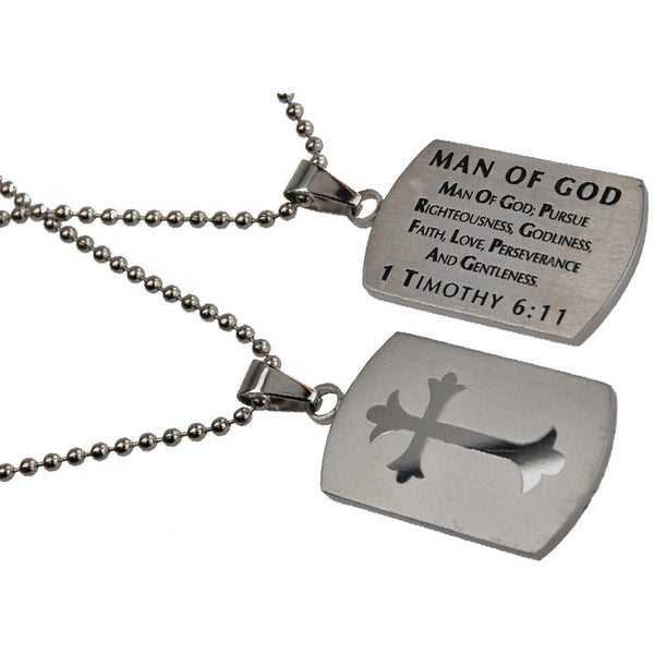 1 TIMOTHY 6:11 Shield Cross Man Of God Necklace with Bible Verse, Stainless Steel
