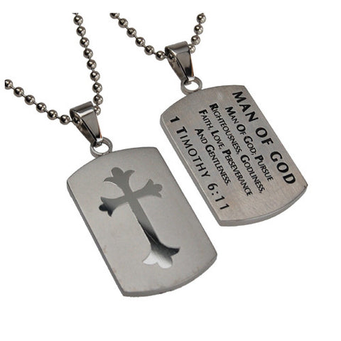 1 TIMOTHY 6:11 Shield Cross Man Of God Necklace with Bible Verse, Stainless Steel
