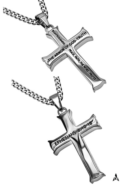 Armor of God Cross Necklace, Ephesians 6, Steel Curb Chain, Christian Verse