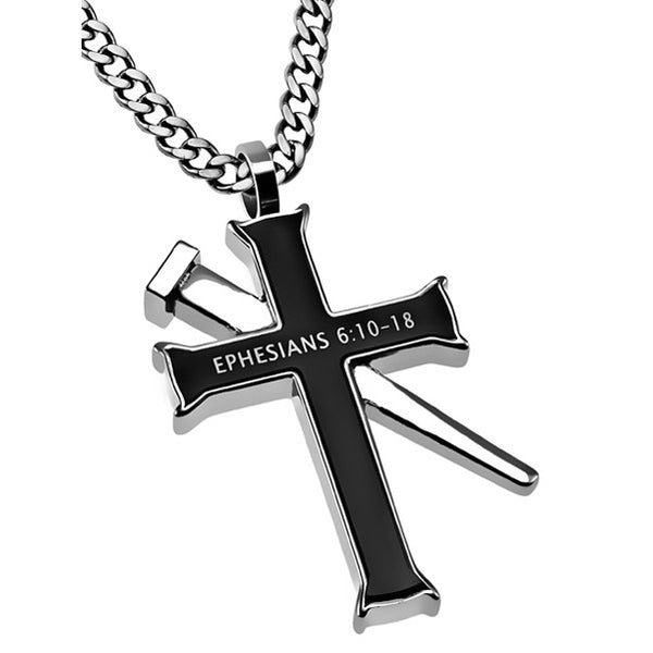 EPHESIANS 6:10-18 Black Cross and Nail Necklace with Bible Verse, Stainless Steel Curb Chain