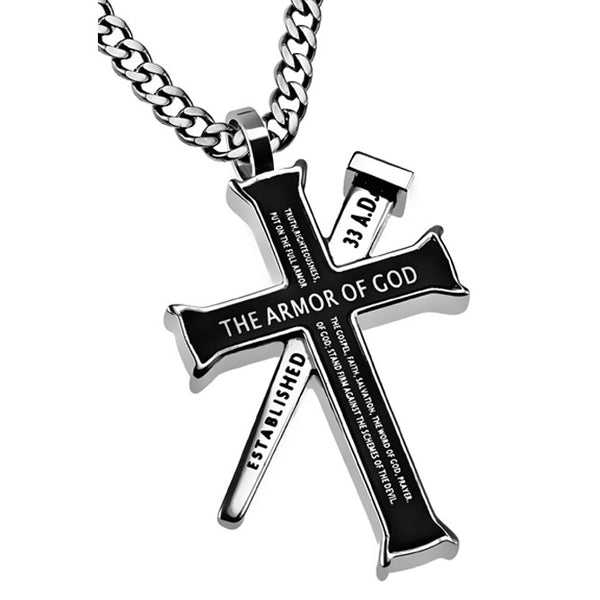 EPHESIANS 6:10-18 Black Cross and Nail Necklace with Bible Verse, Stainless Steel Curb Chain