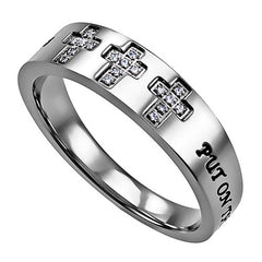 ARMOR OF GOD Christian Trinity Cross Ring, Engraved Bible Verse with CZ Stones