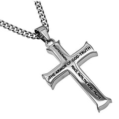 Armor of God Cross Necklace, Ephesians 6, Steel Curb Chain, Christian Verse