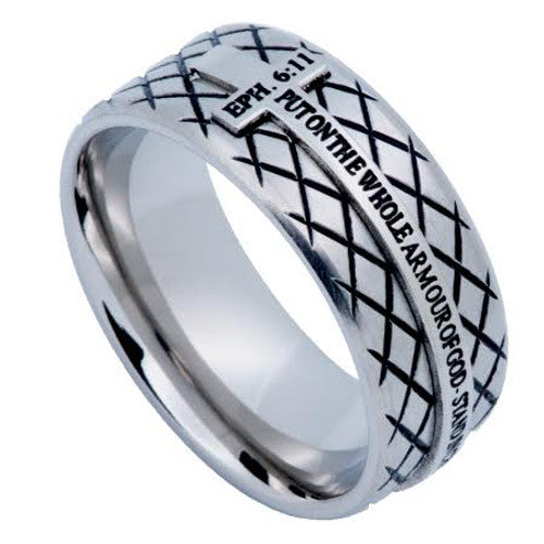 Armour of God Ephesians 6 11 Steel Diamond Back Cross Ring 9 Silver