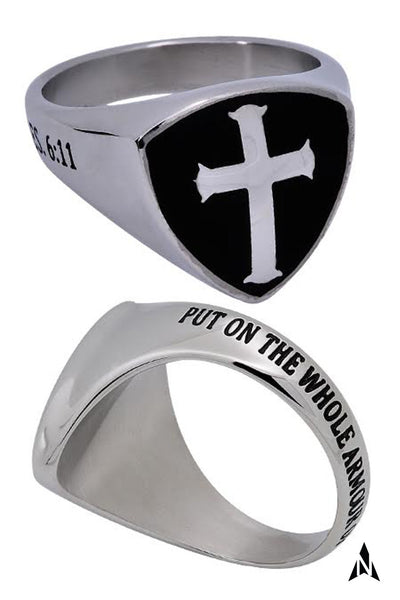 ARMOUR OF GOD Black Signet Shield Cross Ring, Stainless Steel
