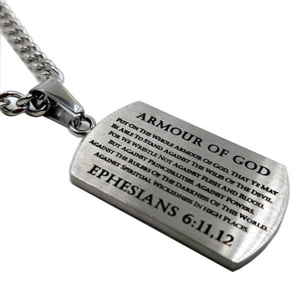 Armor of God Pendant Dog Tag, Bible Verse Ephesians 6, Stainless Steel Curb Chain