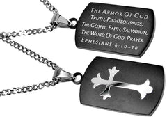 Armor of God Necklace Black Shield Cross, Ephesians 6 Christian Qualities, Stainless Steel Curb Chain