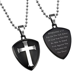 Cross and Shield, Armor of God Necklace Bible Verse, Steel Ball Chain