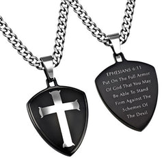 Cross and Shield, Armor of God Necklace Bible Verse, Steel Curb Chain