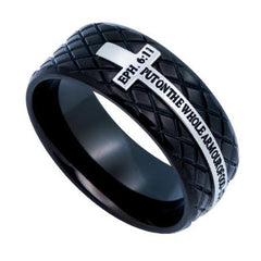 ARMOUR OF GOD Ring Ephesians 6:11 Black Steel Diamond Back Cross
