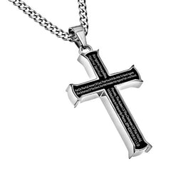 Men's Black Steel Cross Pendant, Armor of God Necklace Ephesians 6:11, Curb Chain