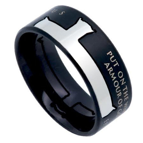 ARMOUR OF GOD Ring, Ephesians Bible Verse, Black Stainless Steel