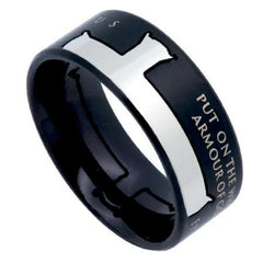 ARMOUR OF GOD Ring, Ephesians 6 Bible Verse, Black Stainless Steel Cross