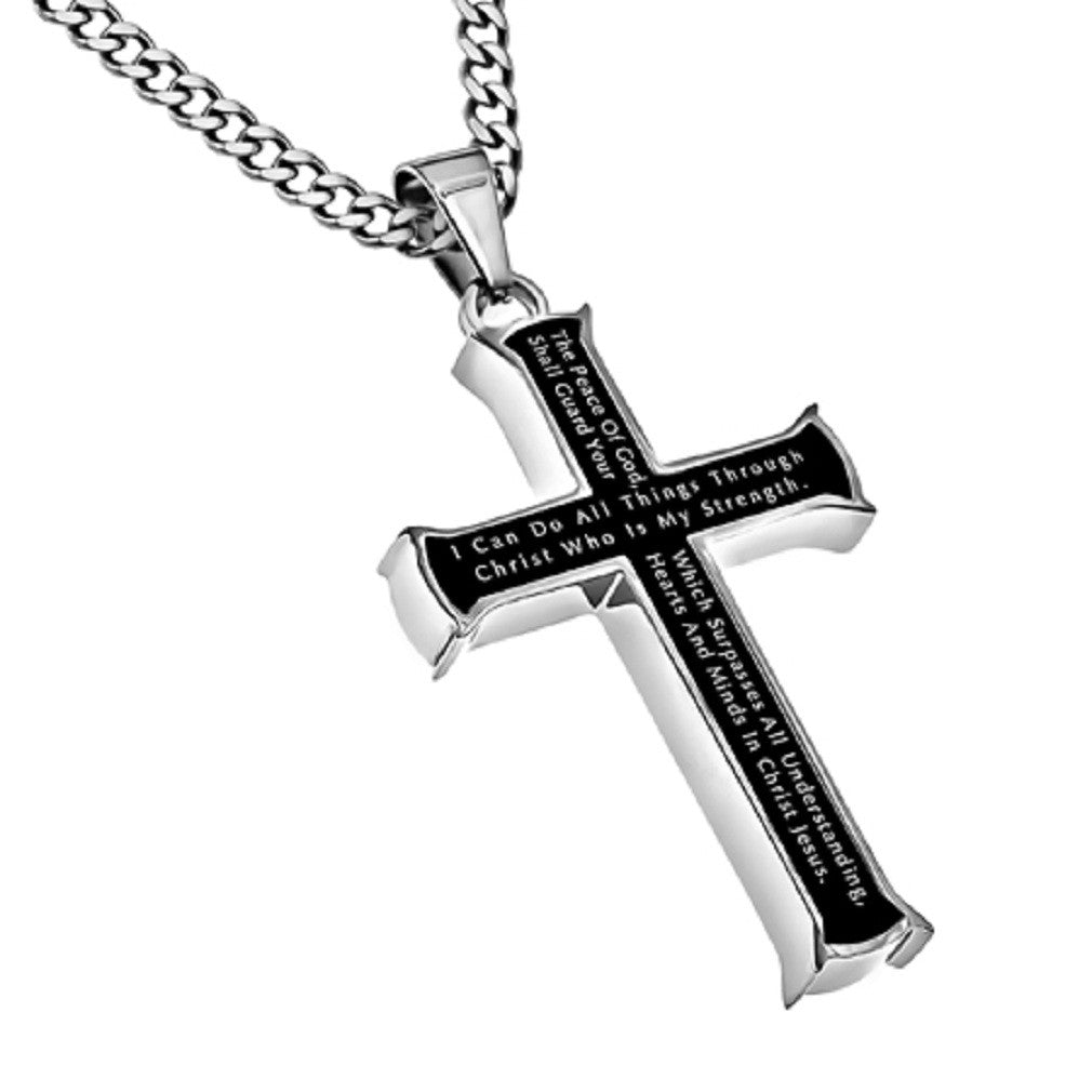 Philippians 4:13 Black Cross Necklace STRENGTH Bible Verse, Stainless Steel Thick Chain